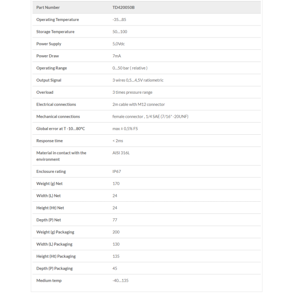 TRYCKTRANSMITTER ELIWELL EWPA 010 R 0/5V 0/50BAR Rel FEMALE M12, 2M