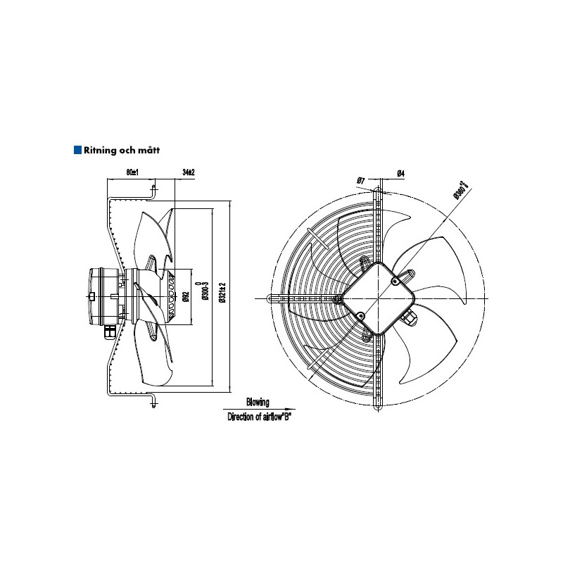 AXIALFLÄKT 4-P. 300MM M. KORG BLÅS....