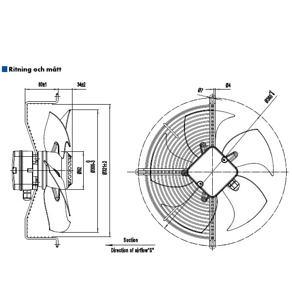 AXIALFLÄKT 4-P. 300MM M. KORG SUG. AC 400V