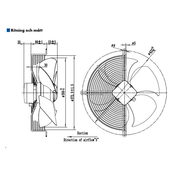 AXIALFLÄKT 4-P. 350MM M. KORG SUG. AC 230V