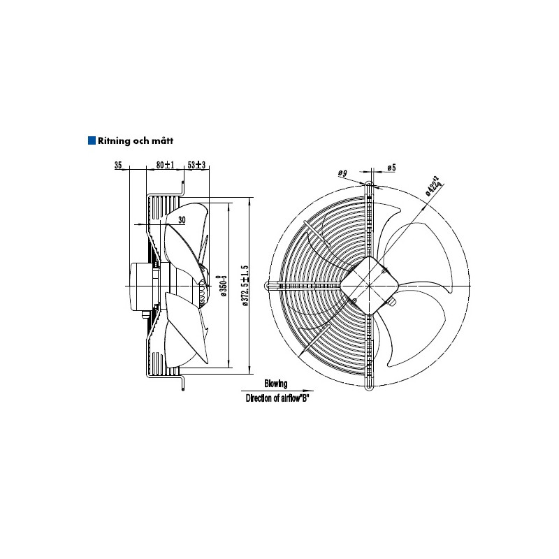 AXIALFLÄKT 4-P. 350MM M. KORG BLÅS....