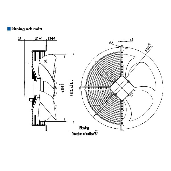 AXIALFLÄKT 4-P. 350MM M. KORG BLÅS. AC 230V