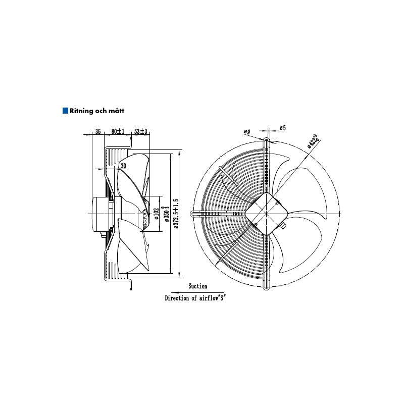 AXIALFLÄKT 4-P. 350MM M. KORG SUG. AC...