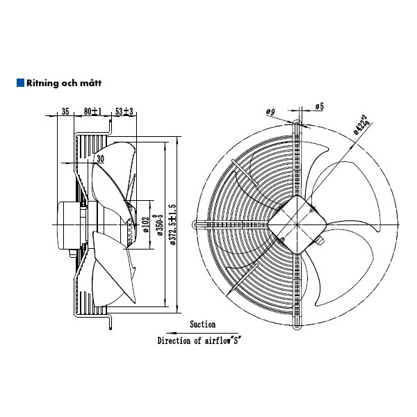 AXIALFLÄKT 4-P. 350MM M. KORG SUG. AC 400V