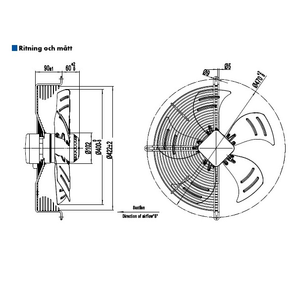 AXIALFLÄKT 4-P. 400MM M. KORG SUG. AC 230V