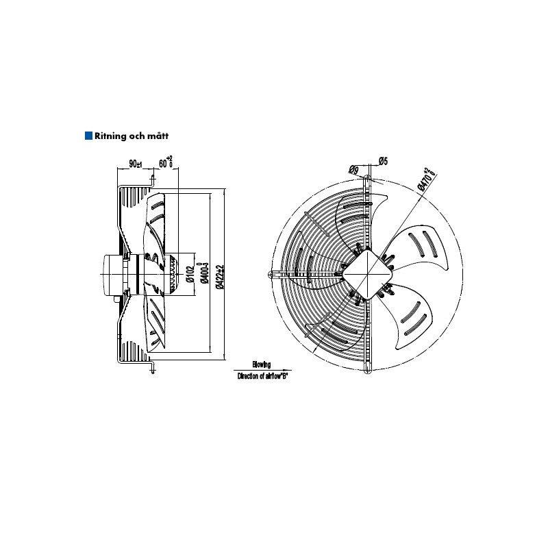 AXIALFLÄKT 4-P. 400MM M. KORG BLÅS....