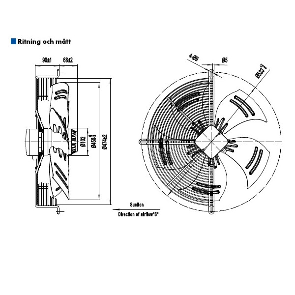AXIALFLÄKT 4-P. 450MM M. KORG SUG. AC 230V