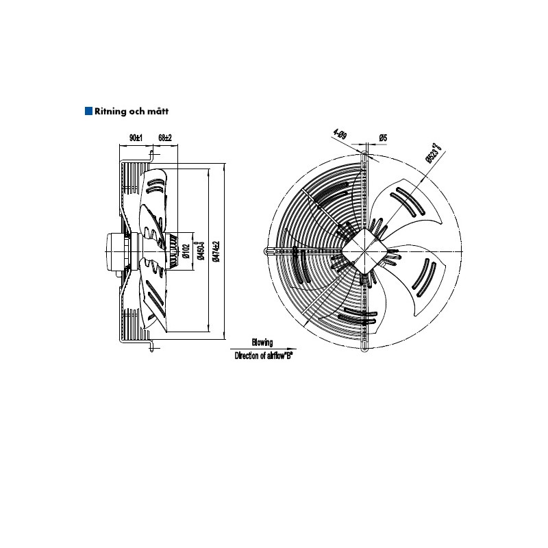 AXIALFLÄKT 4-P. 450MM M. KORG BLÅS....