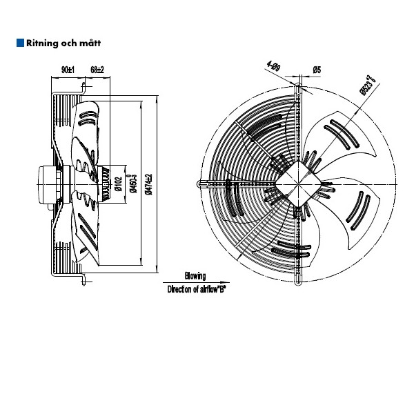 AXIALFLÄKT 4-P. 450MM M. KORG BLÅS. AC 230V