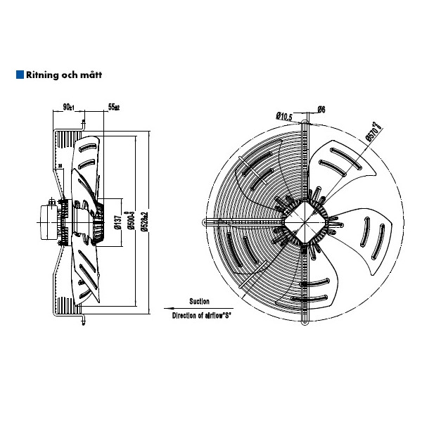 AXIALFLÄKT A4E500S  M. KORG SUG. AC 230V