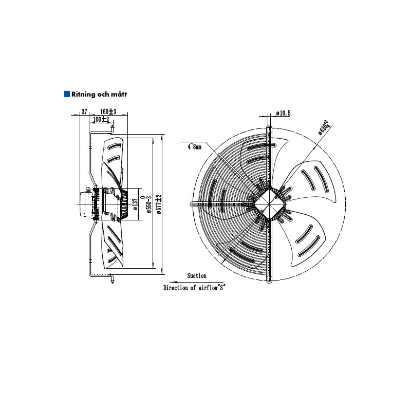 AXIALFLÄKT A6E550S  M. KORG SUG. AC 230V