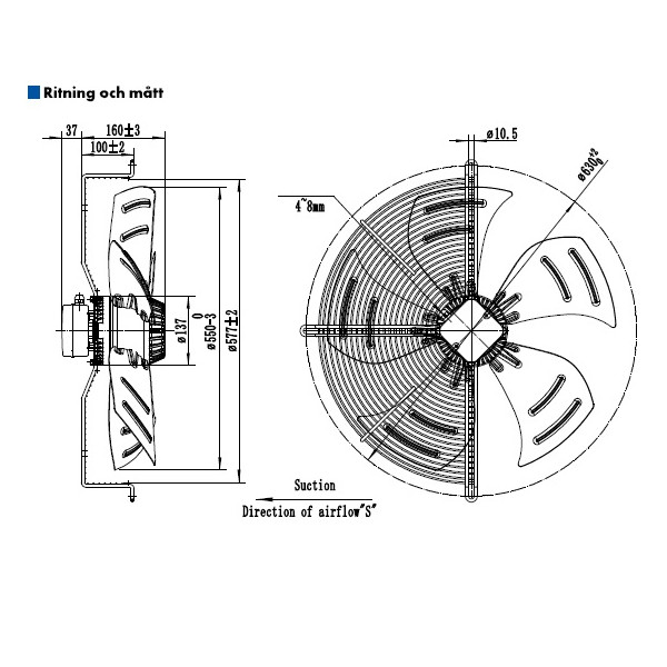 AXIALFLÄKT 6-P. 550MM M. KORG SUG. AC 230V