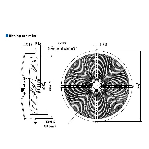 AXIALFLÄKT 6-P. 710MM M. KORG SUG. AC 400V