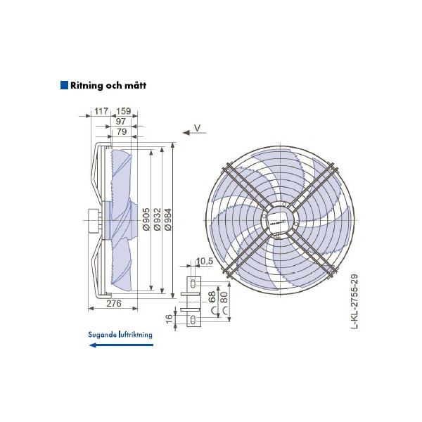 AXIALFLÄKT 6-P. 900MM M. KORG SUG. AC 400V