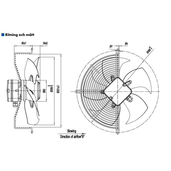 AXIALFLÄKT A4E300B  M. KORG BLÅS. AC 230V