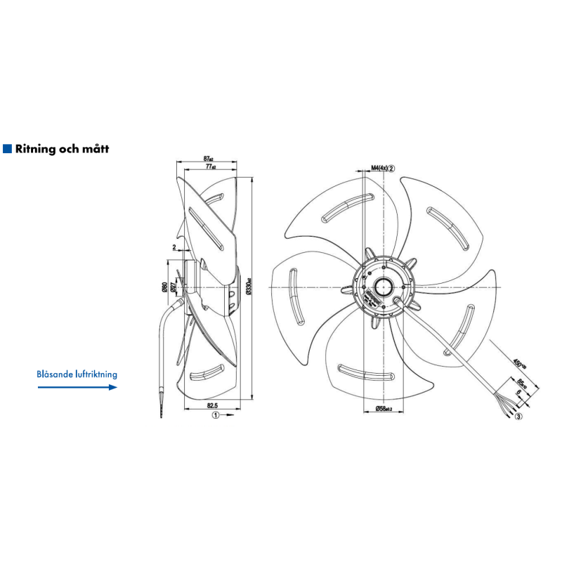 AXIALFLÄKT A4E330  M. KORG BLÅS. AC 230V