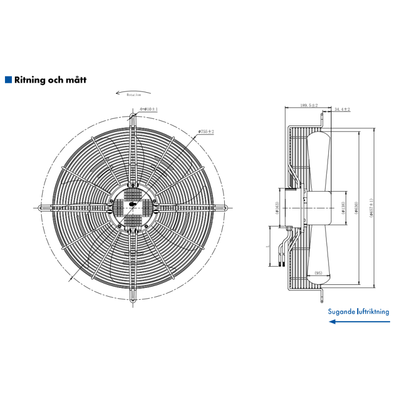 AXIALFLÄKT A3P630  M. KORG SUG. EC 230V