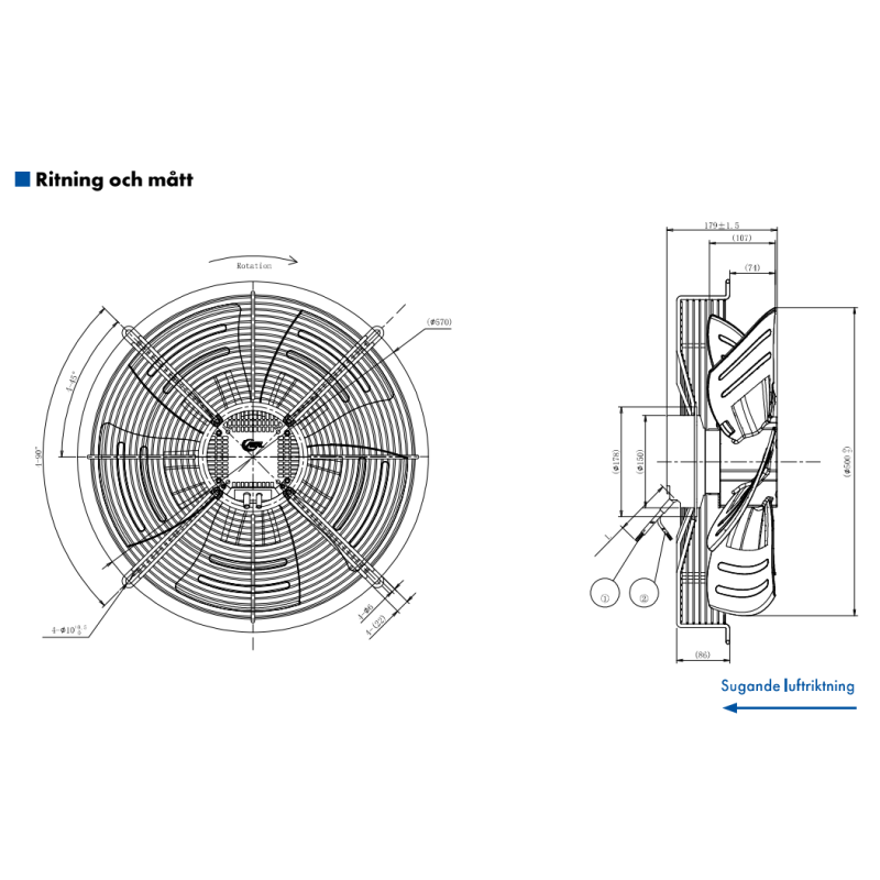 AXIALFLÄKT A3P500  M. KORG SUG. EC 230V
