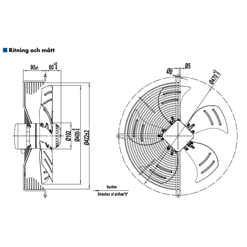 AXIALFLÄKT A4E400S  M. KORG SUG. AC 230V