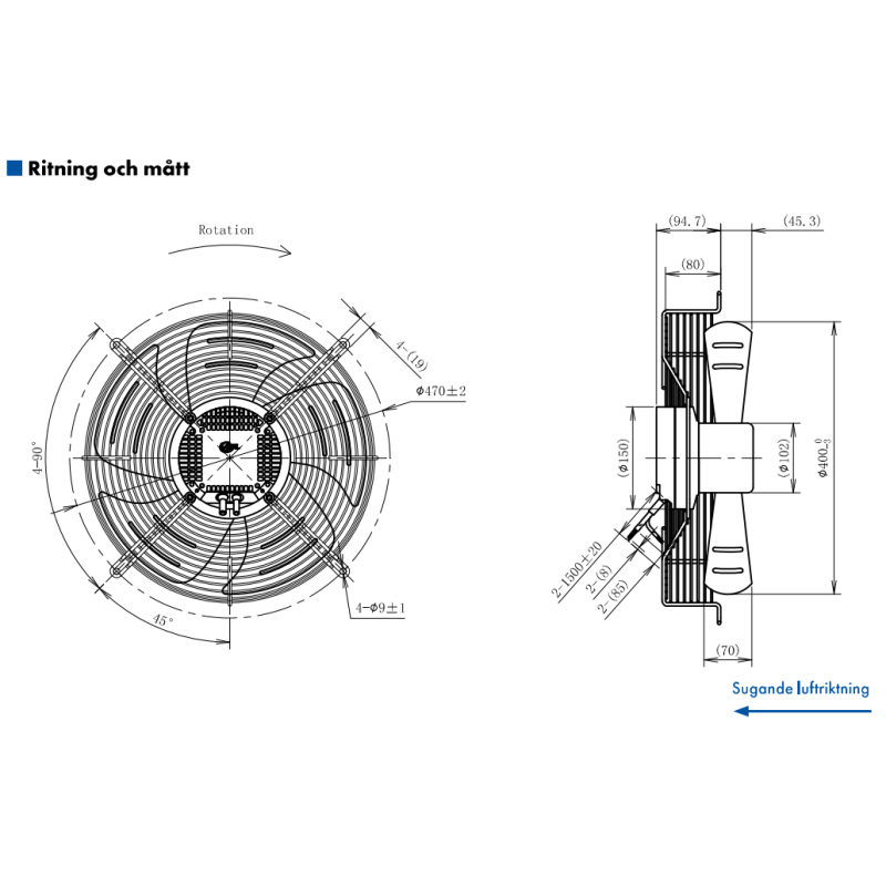 AXIALFLÄKT A3P400  M. KORG SUG. EC 230V