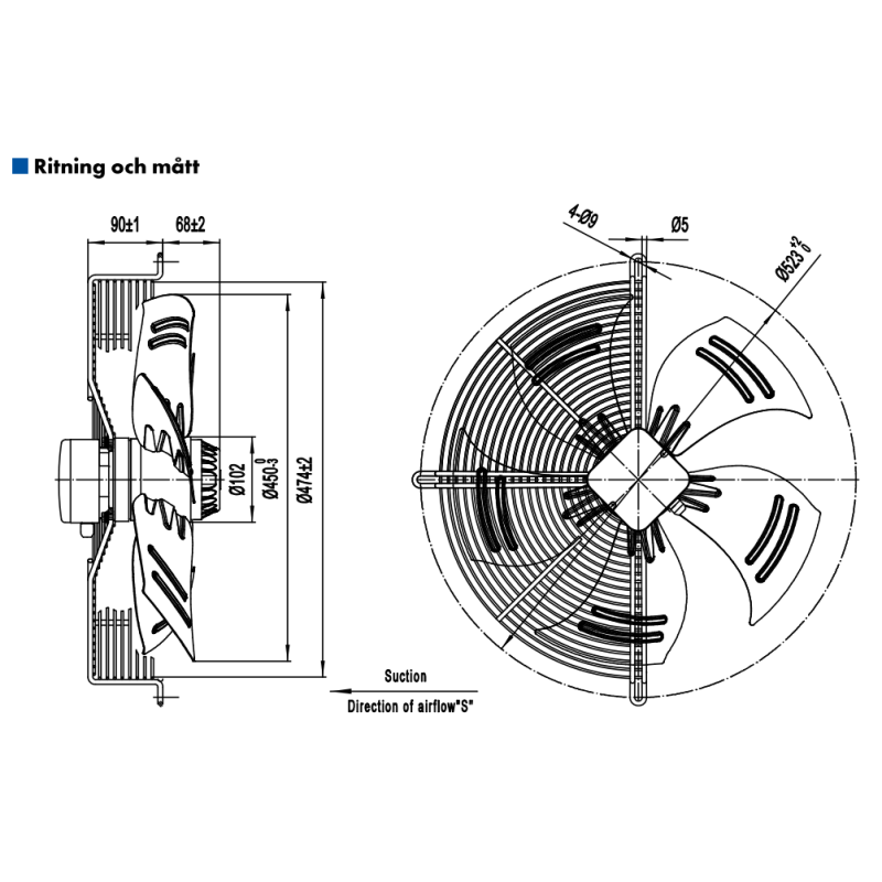 AXIALFLÄKT A4E450S  M. KORG SUG. AC 230V