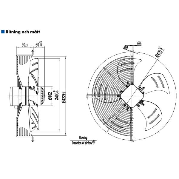 AXIALFLÄKT A4E400B  M. KORG BLÅS. AC 230V