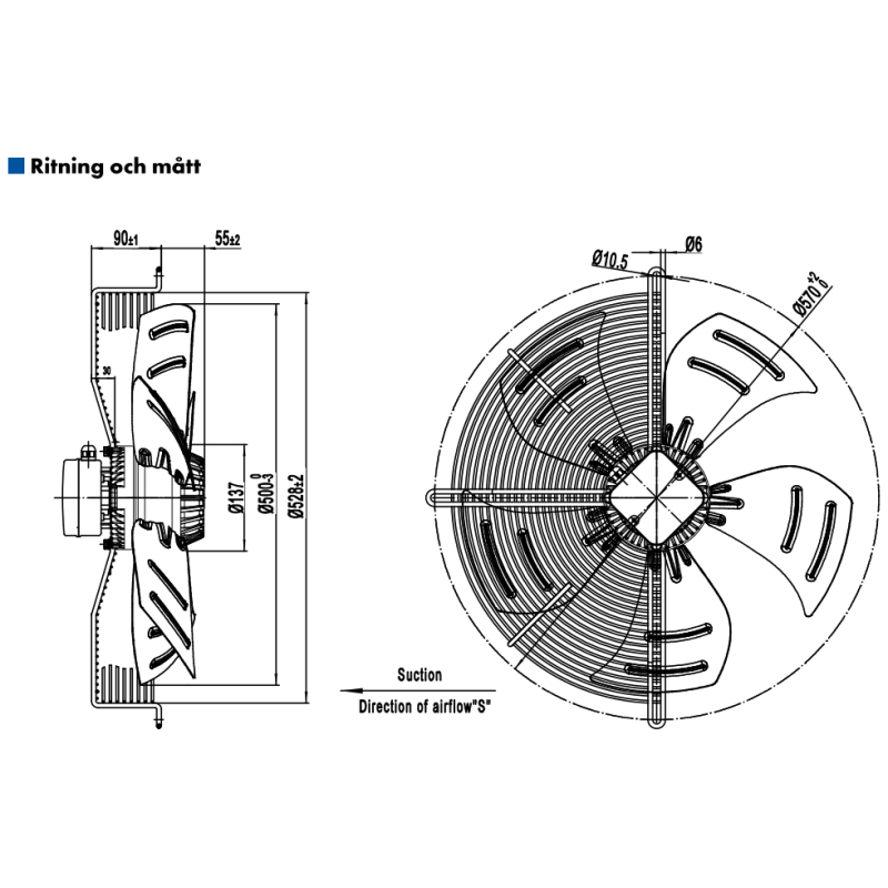 AXIALFLÄKT A4E500S  M. KORG SUG. AC 230V