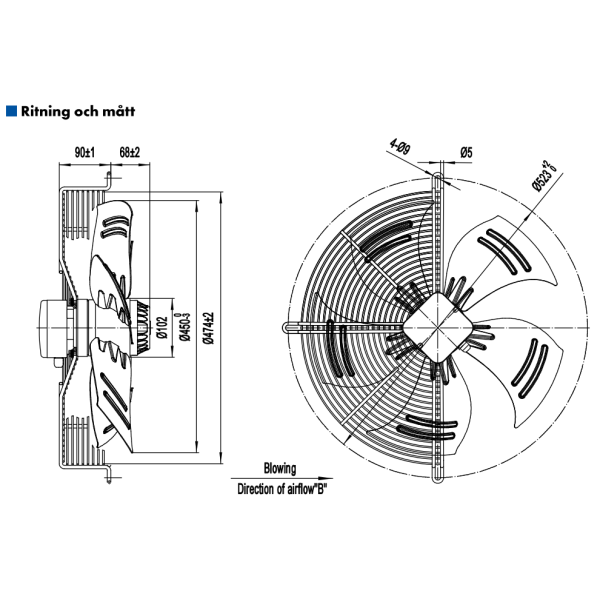 AXIALFLÄKT A4E450B  M. KORG BLÅS. AC 230V
