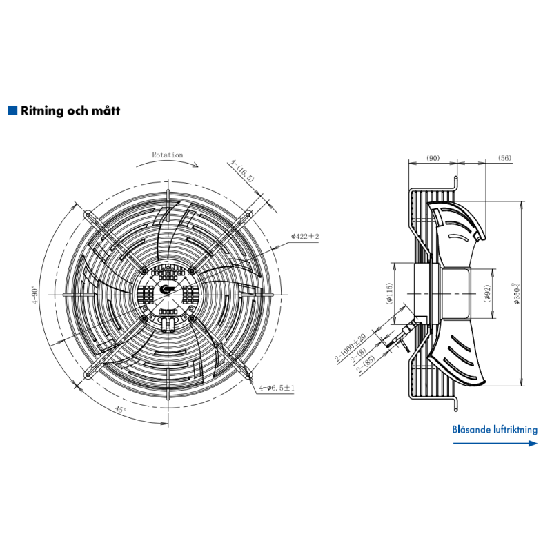 AXIALFLÄKT A3P350  M. KORG BLÅS. EC 230V