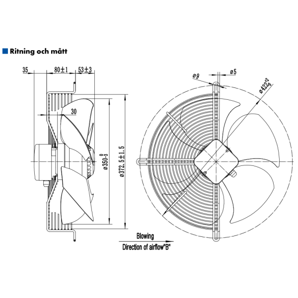 AXIALFLÄKT A4E350B  M. KORG BLÅS. AC 230V